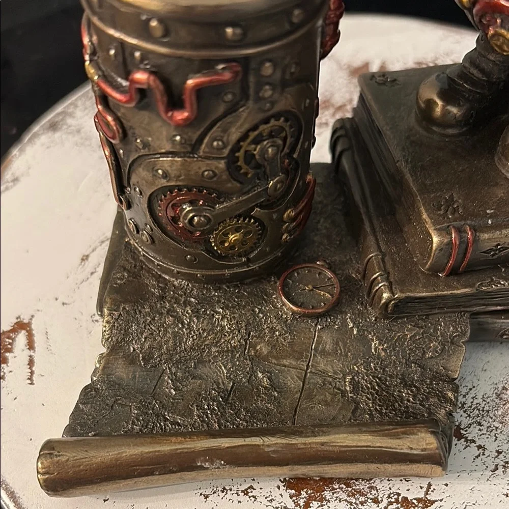 Steampunk Owl Cell Phone Pen Desk Statue Figurine Bronze Aviator Space Halloween
